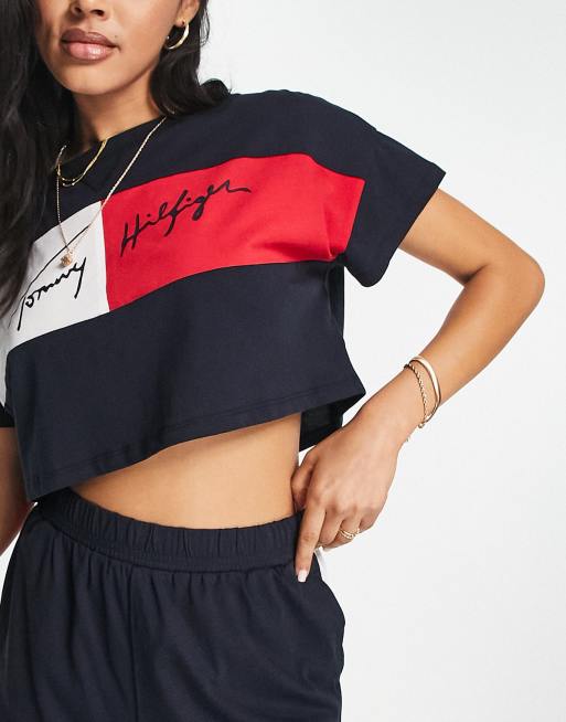 Tommy Hilfiger logo cropped beach t-shirt in navy - part of a set