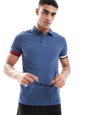Tommy Hilfiger Tommy Hilfiger logo cuff slim fit polo in mid blue