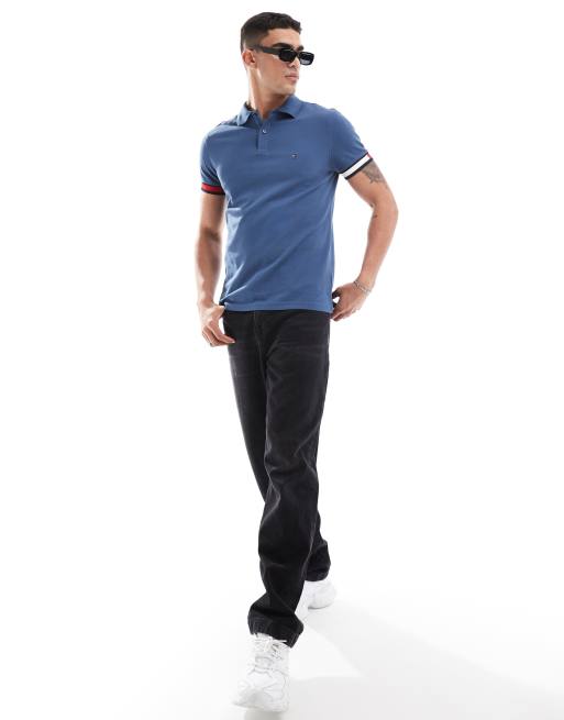 Tommy Hilfiger logo cuff slim fit polo in mid blue, 2 of 4