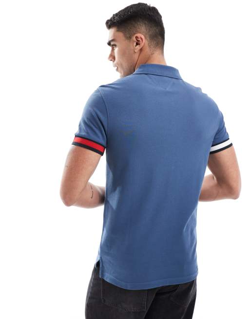 Tommy Hilfiger logo cuff slim fit polo in mid blue, 3 of 4