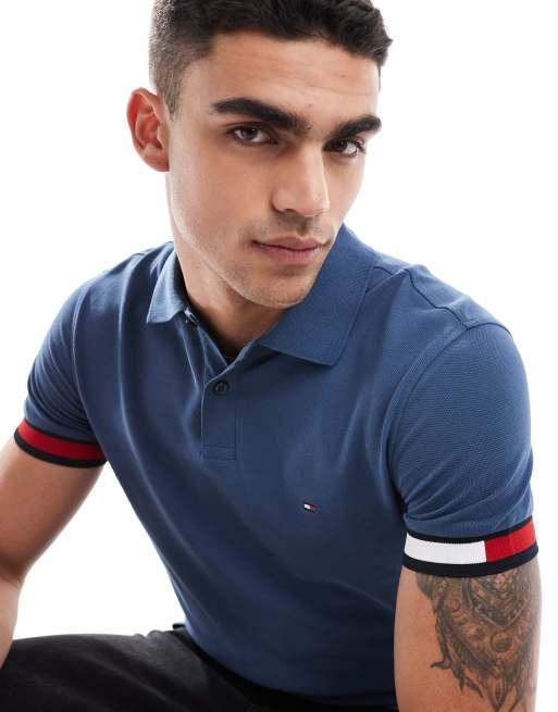 Tommy Hilfiger logo cuff slim fit polo in mid blue, 4 of 4