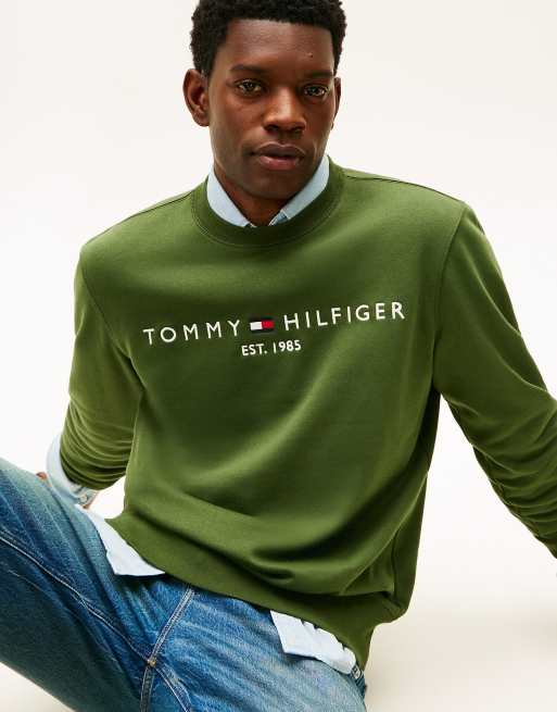 Tommy Hilfiger Logo embroidery flex fleece sweatshirt in olive green