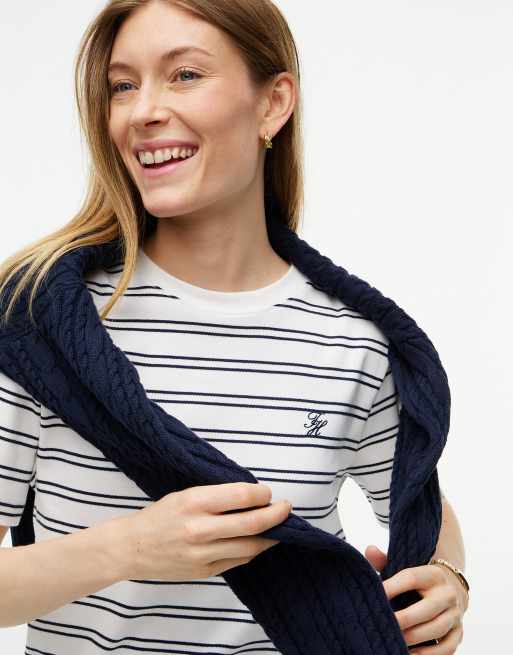 Tommy Hilfiger Logo embroidery interlock knit boxy t-shirt in twin stp ecru / blue ink, 3 of 6