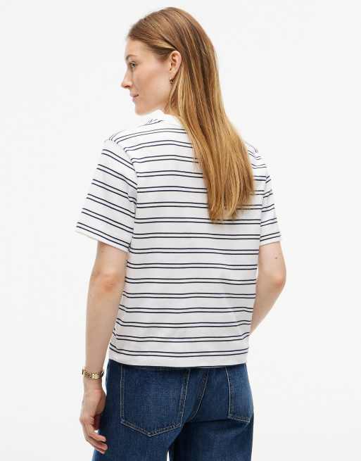 Tommy Hilfiger Logo embroidery interlock knit boxy t-shirt in twin stp ecru / blue ink, 4 of 6