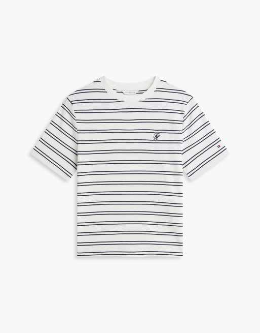 Tommy Hilfiger Logo embroidery interlock knit boxy t-shirt in twin stp ecru / blue ink, 5 of 6