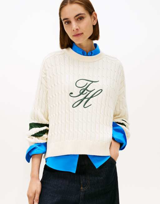 Tommy Hilfiger Logo embroidery relaxed cable knit jumper in beige
