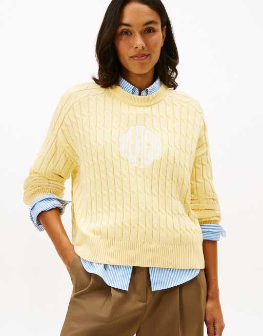 Tommy Hilfiger Logo embroidery relaxed cable knit jumper in light yellow