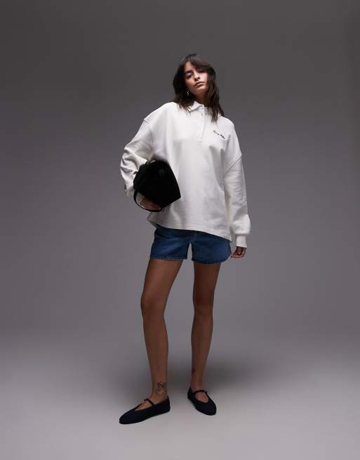 Tommy Hilfiger Logo embroidery relaxed pique rugby sweatshirt in white, 3 of 4