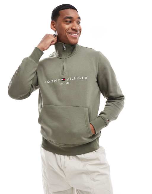 Tommy Hilfiger logo half zip sweatshirt in khaki green ASOS