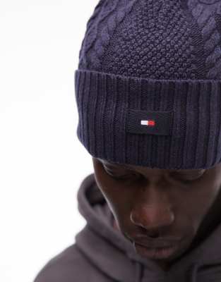 Tommy Hilfiger Logo Knit Beanie In Blue