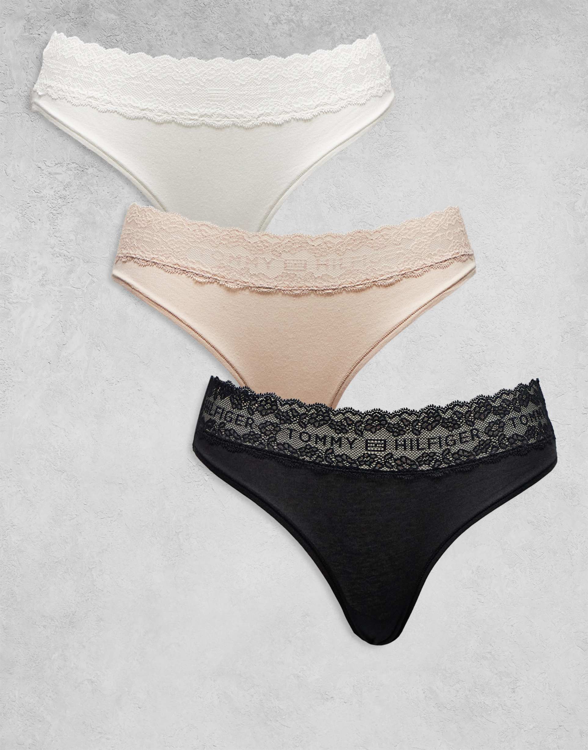 tommy hilfiger logo lace 3 pack bikini briefs in black/white/beige