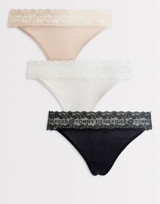 Tommy Hilfiger Logo Lace 3 Pack Tanga Thongs In Multi