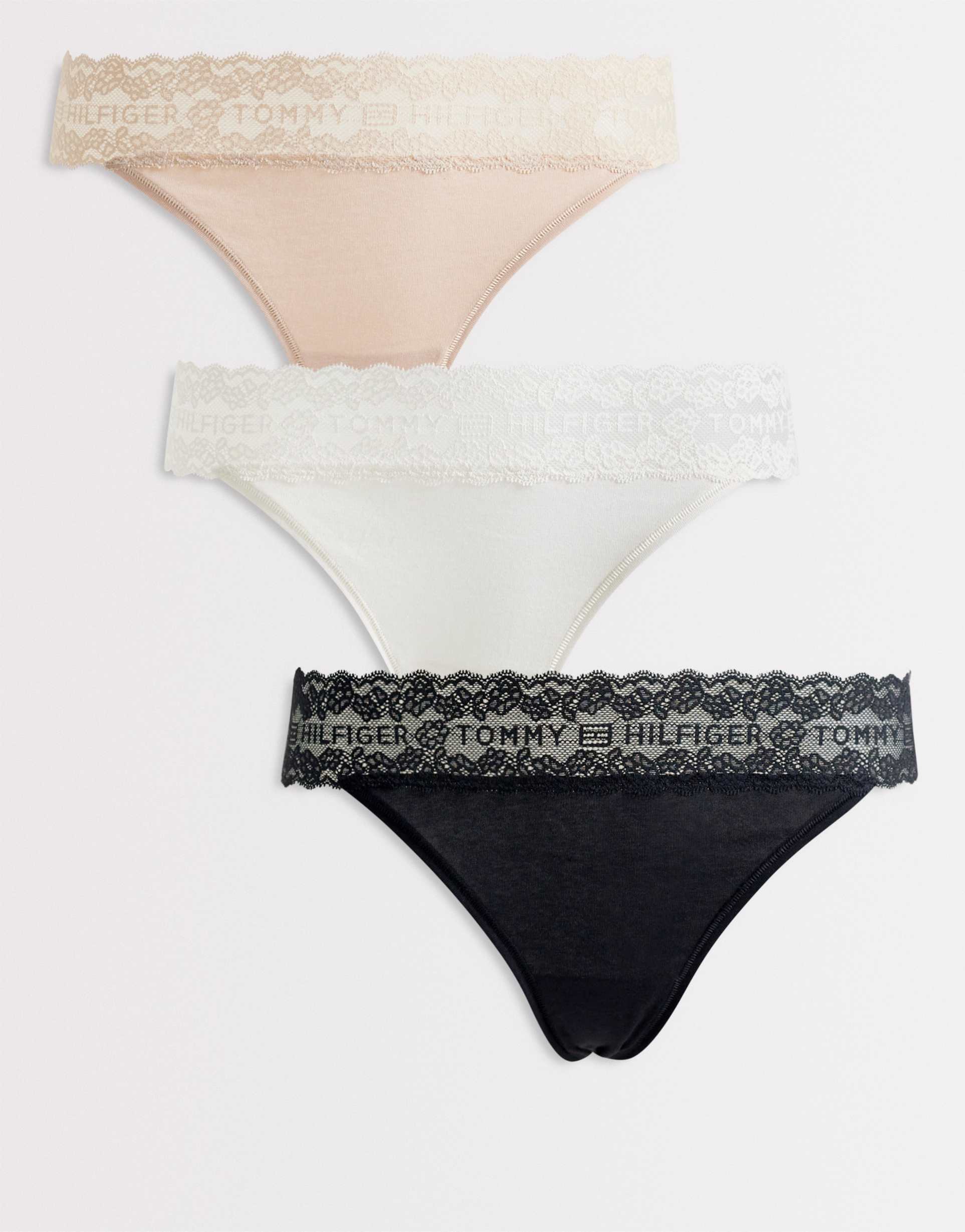 tommy hilfiger logo lace 3 pack tanga thongs in black/white/beige