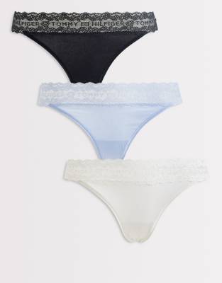 Tommy Hilfiger Logo Lace 3 Pack Tanga Thongs In Multi