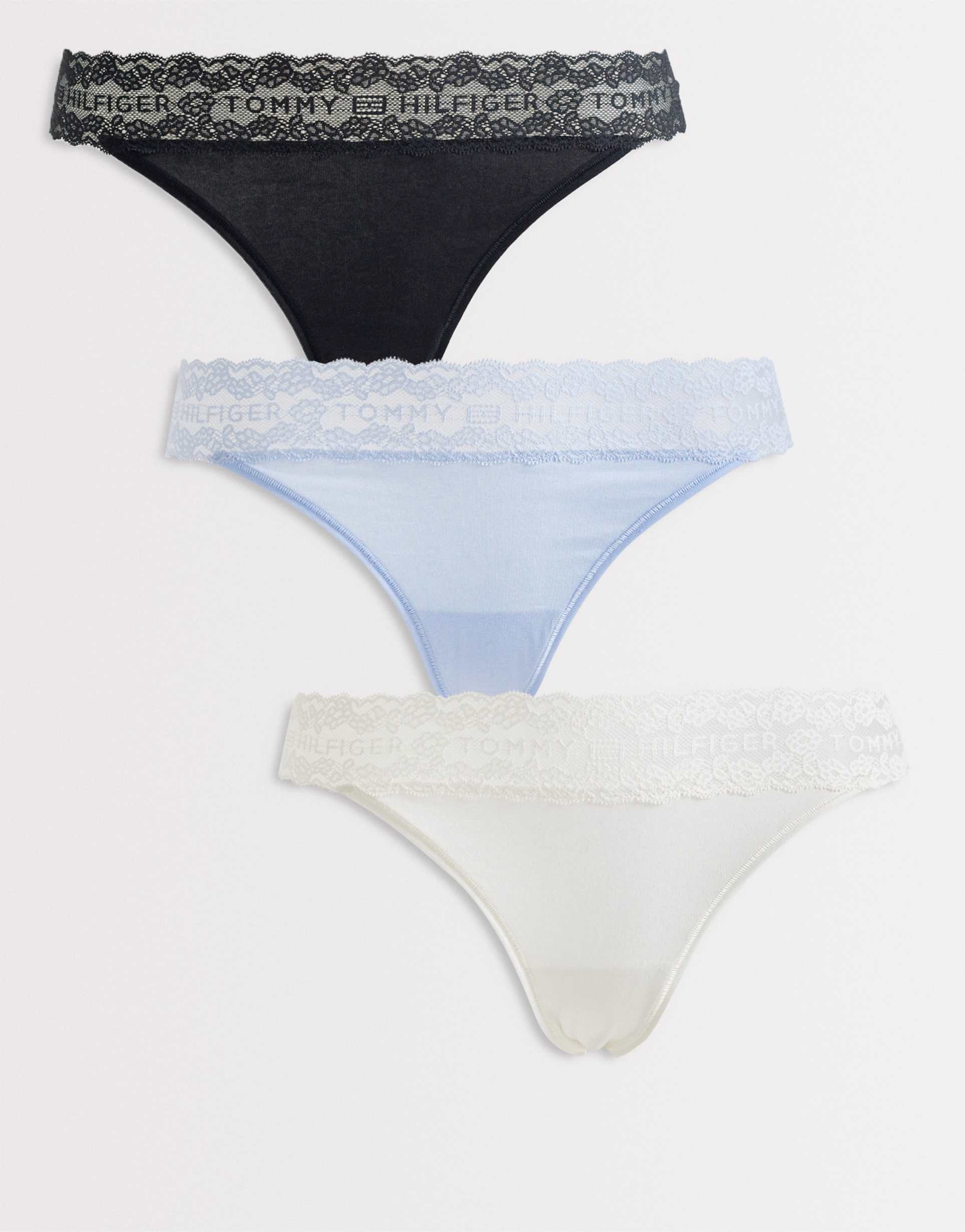 tommy hilfiger logo lace 3 pack tanga thongs in black/white/blue
