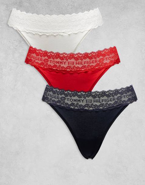 Tommy Hilfiger Logo lace 3 pack tanga thongs in navy/red/white - view 1