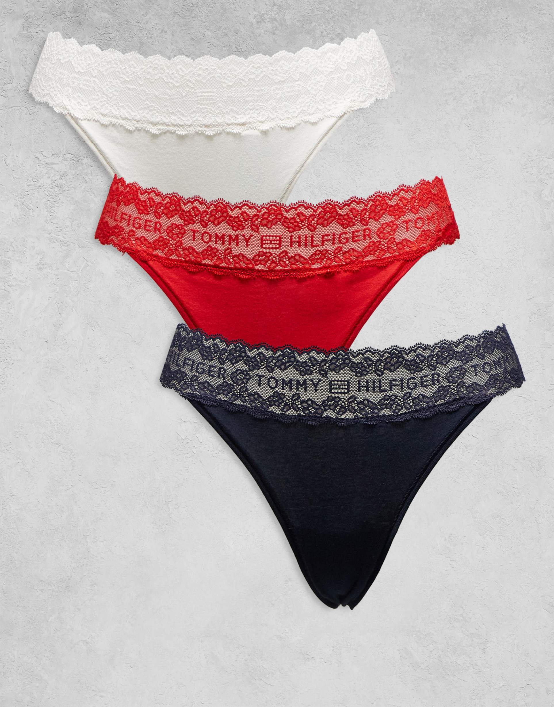 tommy hilfiger logo lace 3 pack tanga thongs in navy/red/white