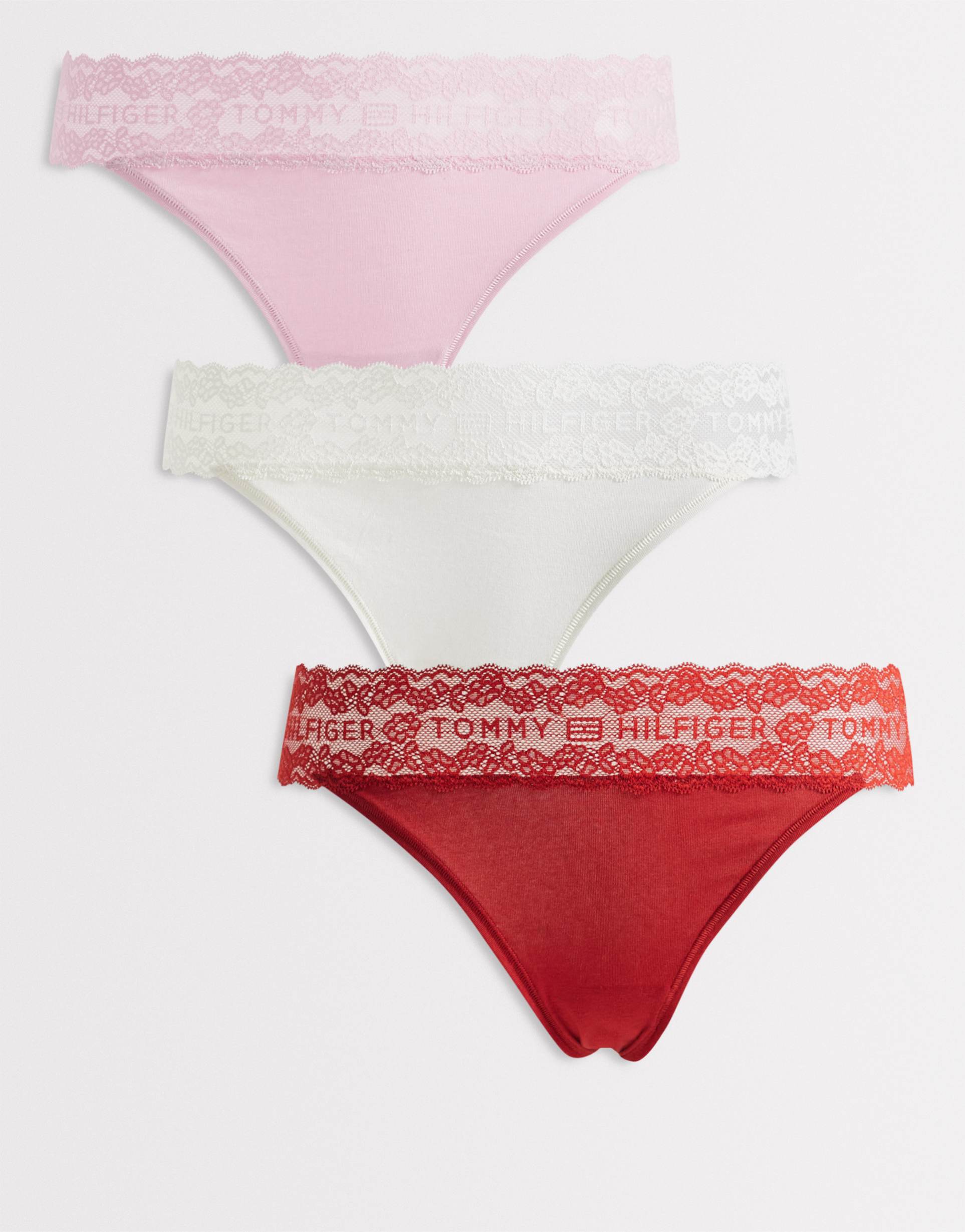 tommy hilfiger logo lace 3 pack tanga thongs in red/white/pink