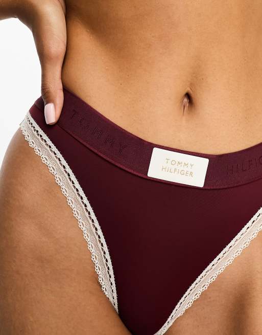 Tommy Hilfiger logo lace high waist thong in burgundy , 2 of 4