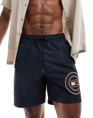 Tommy Hilfiger Tommy Hilfiger logo long drawstring swim short in navy