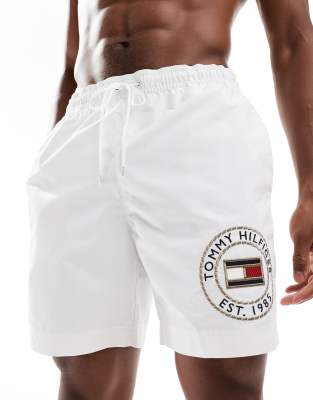 Tommy Hilfiger logo long drawstring swim short in white