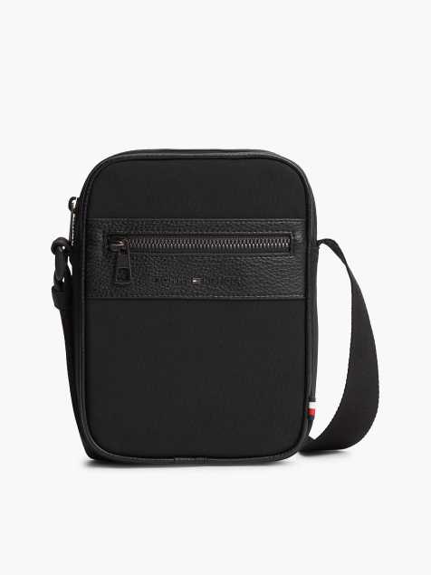 Tommy Hilfiger Logo mixed texture crossbody reporter bag in black - view 1