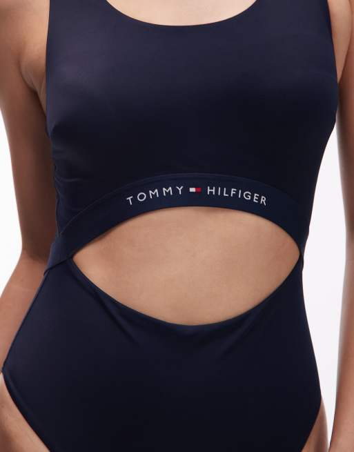 Tommy Hilfiger logo one piece swimsuit with cut out in dark navy , 4 of 4