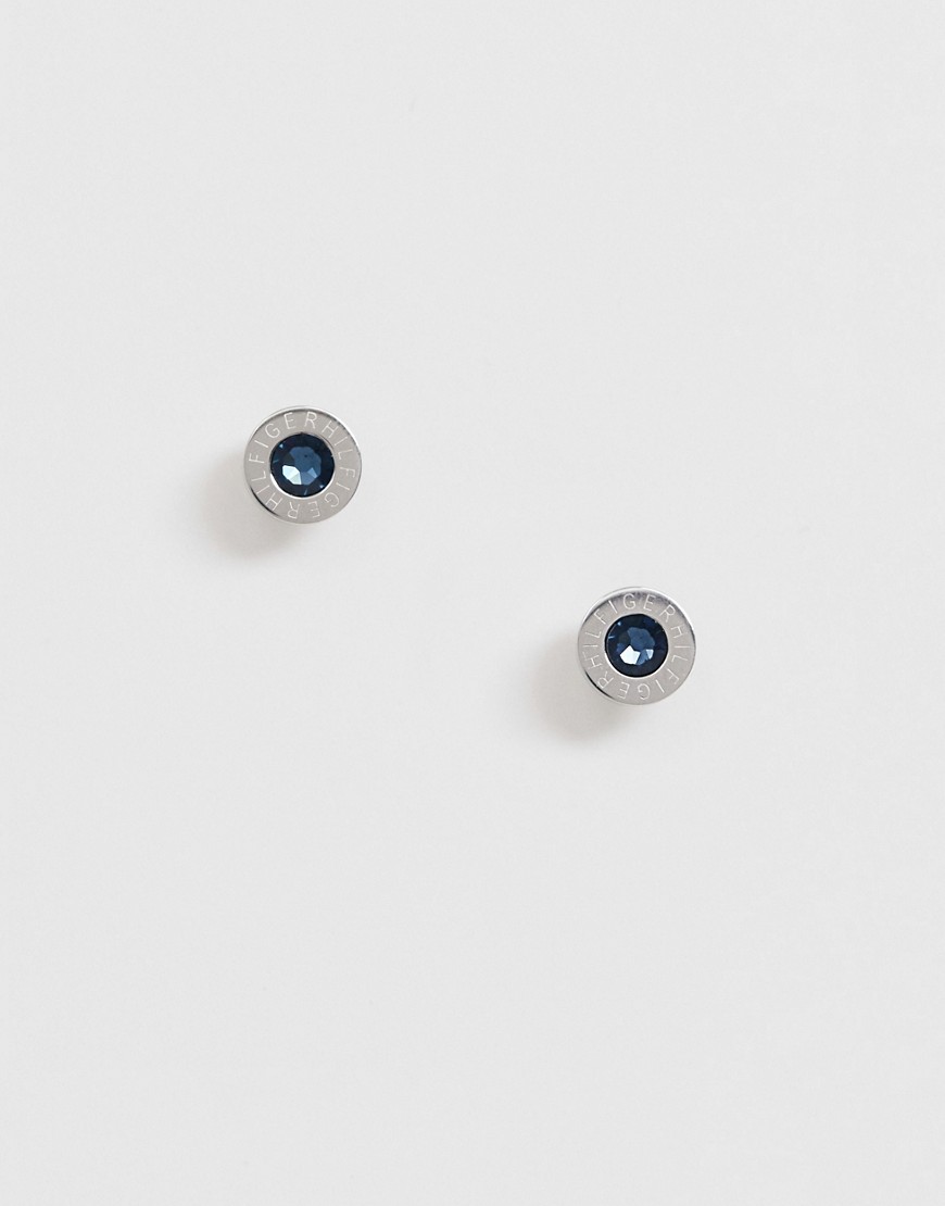 Tommy Hilfiger logo stud earrings in silver with blue stone