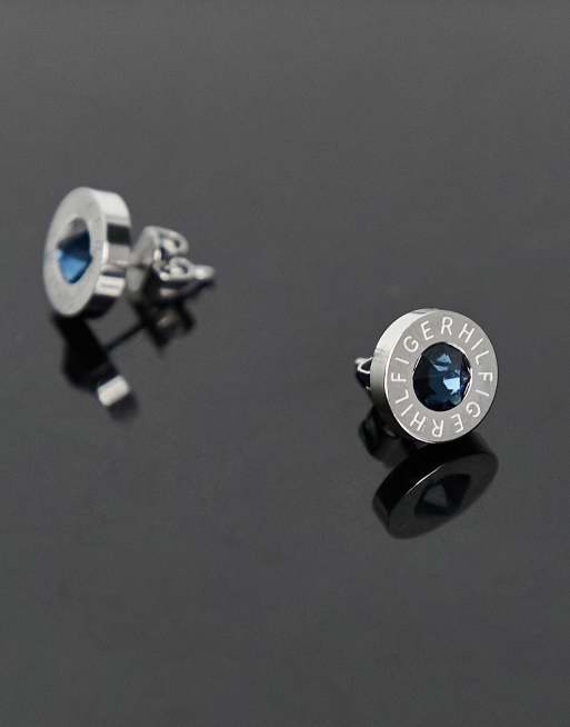 Tommy Hilfiger logo stud earrings with blue stone in silver ASOS