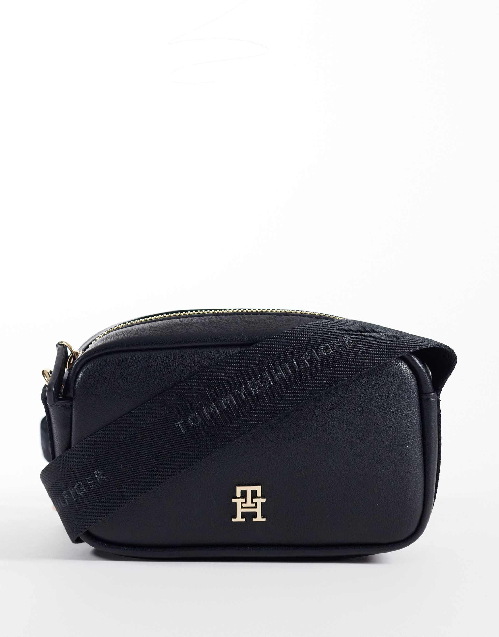 tommy hilfiger logo tape camera bag in black
