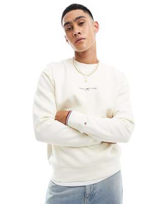 Tommy Hilfiger logo tipped crew neck sweatshirt in cream-White