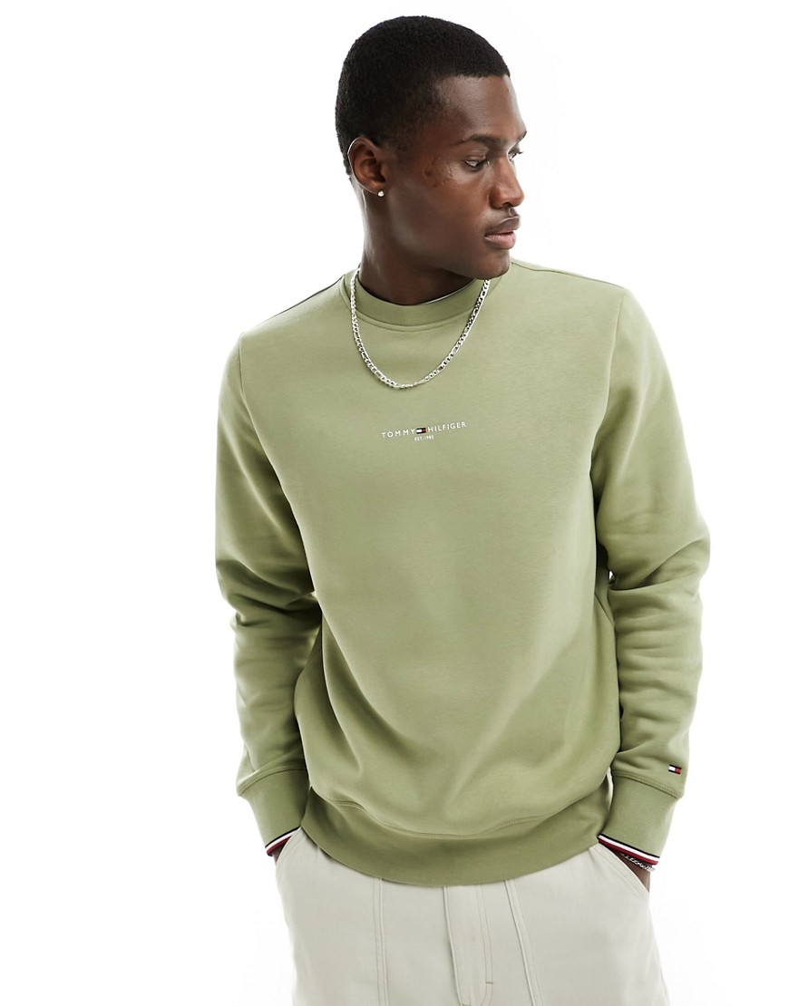 Tommy Hilfiger Logo Tipped Crew Neck Sweatshirt In Olive Green