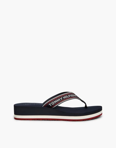 Tommy Hilfiger Logo webbing strap wedge flip-flops in dark blue - view 1