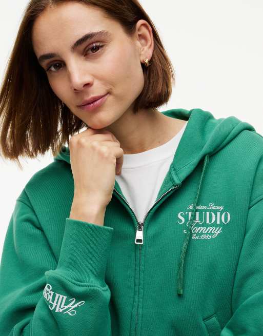 Tommy Hilfiger Logo zip-thru oversized hoody in alaskan green, 3 of 6