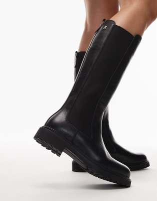 Tommy Hilfiger Long Flat Leather Boots In Black