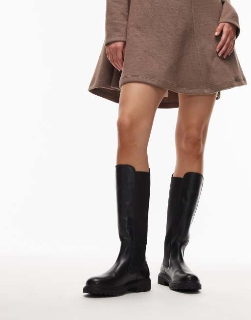Tommy Hilfiger long flat leather boots in black