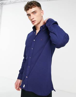 Tommy Hilfiger long sleeve flag logo shirt in indigo-Blue