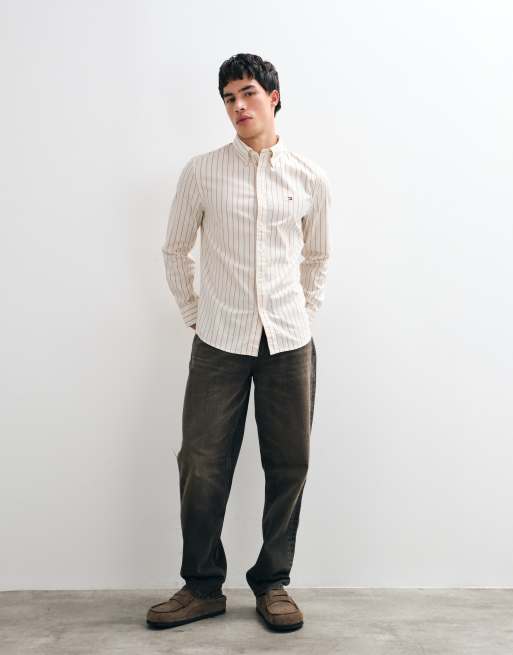 Tommy Hilfiger long sleeve striped poplin shirt in cream, 3 of 5