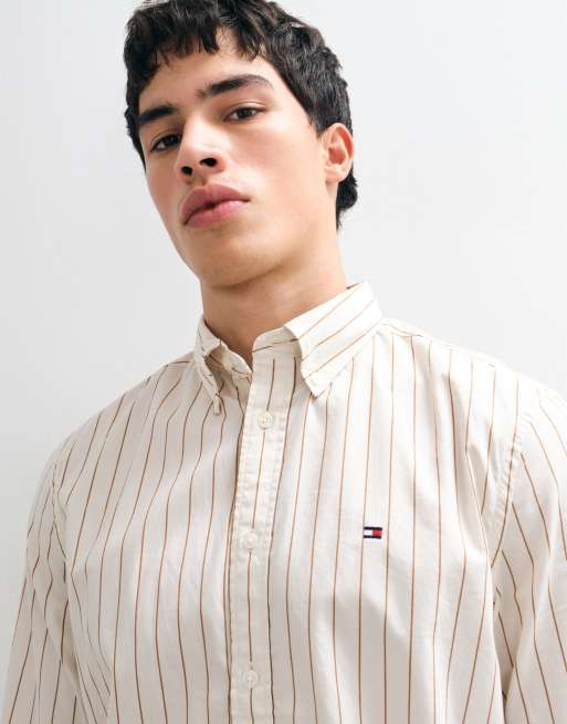 Tommy Hilfiger long sleeve striped poplin shirt in cream, 4 of 5