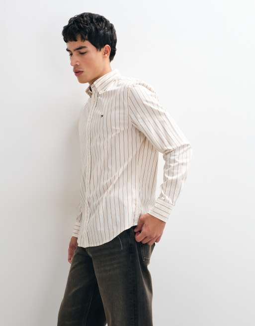 Tommy Hilfiger long sleeve striped poplin shirt in cream, 5 of 5