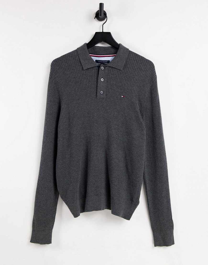Tommy Hilfiger long sleeve textured polo shirt-Grey