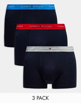 Tommy Hilfiger 3-pack trunks with coloured logo waistband in navy - ASOS Price Checker
