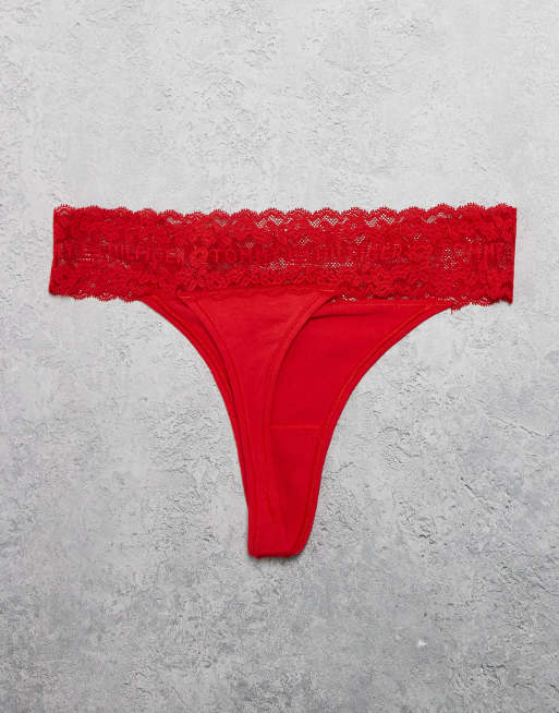 Tommy Hilfiger - Lot de 3 strings tanga en dentelle à logo - Bleu marine/rouge/blanc, 3 de 3