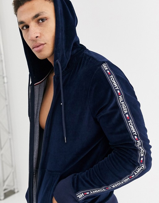 Tommy Hilfiger lounge hoodie in navy velour with side logo stripe