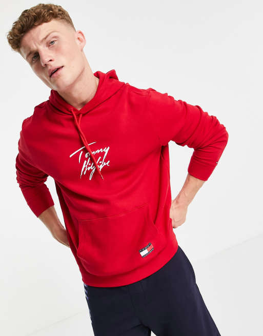 Tommy Hilfiger lounge hoodie with script chest logo in red