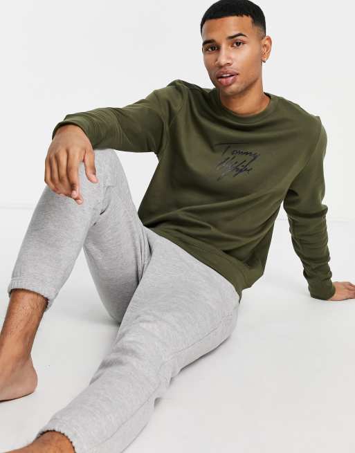 Tommy Hilfiger lounge logo script sweatshirt in khaki | ASOS