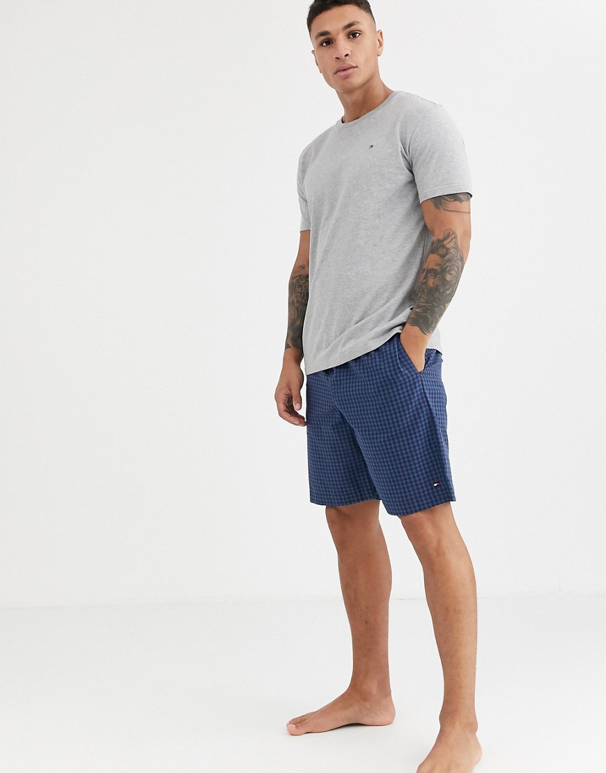 Tommy Hilfiger lounge set with grey t-shirt and blue check flag logo shorts