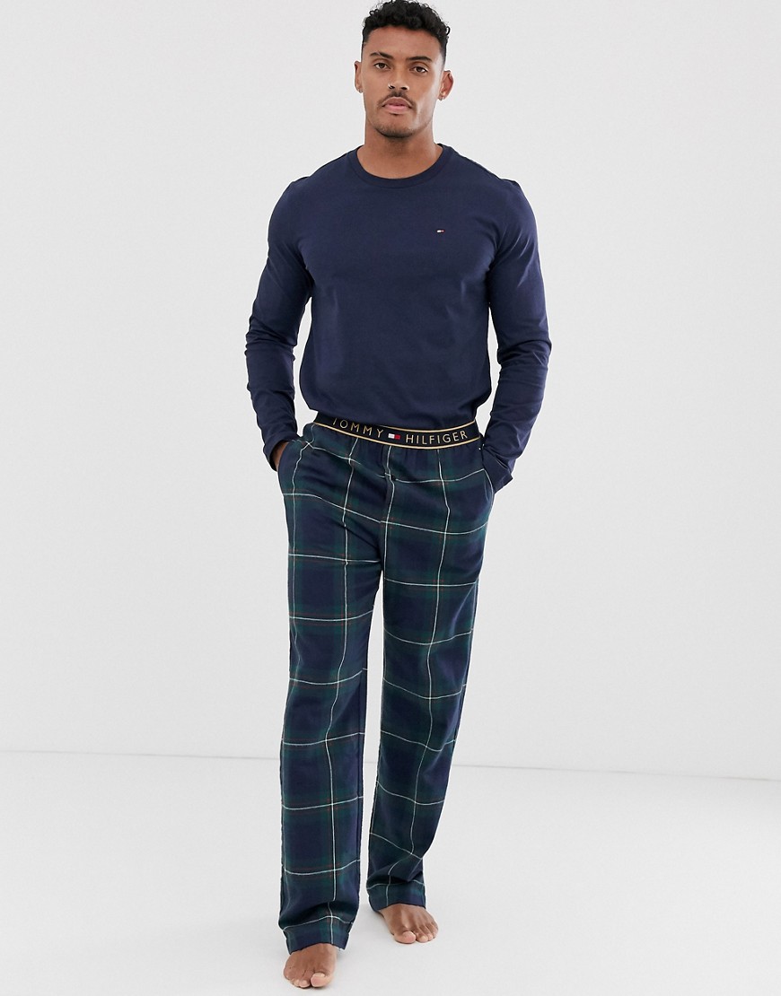 Tommy Hilfiger lounge set with long sleeve t-shirt in navy and pyjama bottoms in navy check