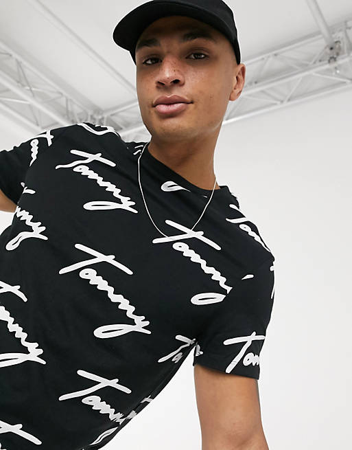 lanza escalada aire Tommy Hilfiger lounge t-shirt in black with all over script logo | ASOS