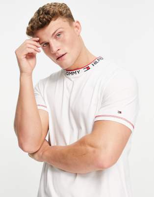 Tommy Hilfiger lounge t-shirt with neck logo taping in white - view 1